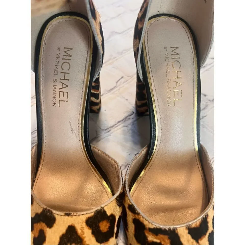 Michael Shannon Size 7.5 Romina Ankle Strap Chunky Heels Cheetah Print Cocktail